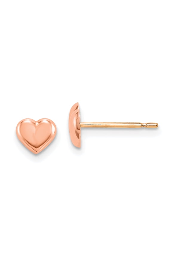 14K Rose Gold Heart Stud Earrings Small Polished Button Style, 6mm x 7mm, Post and Push Back, Made in USA Fine Jewelry Gift for Women
