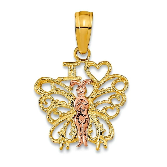 14k Rose and Yellow Gold I Love Heart Butterflies Pendant Necklace Pendant for Women - .7 Grams