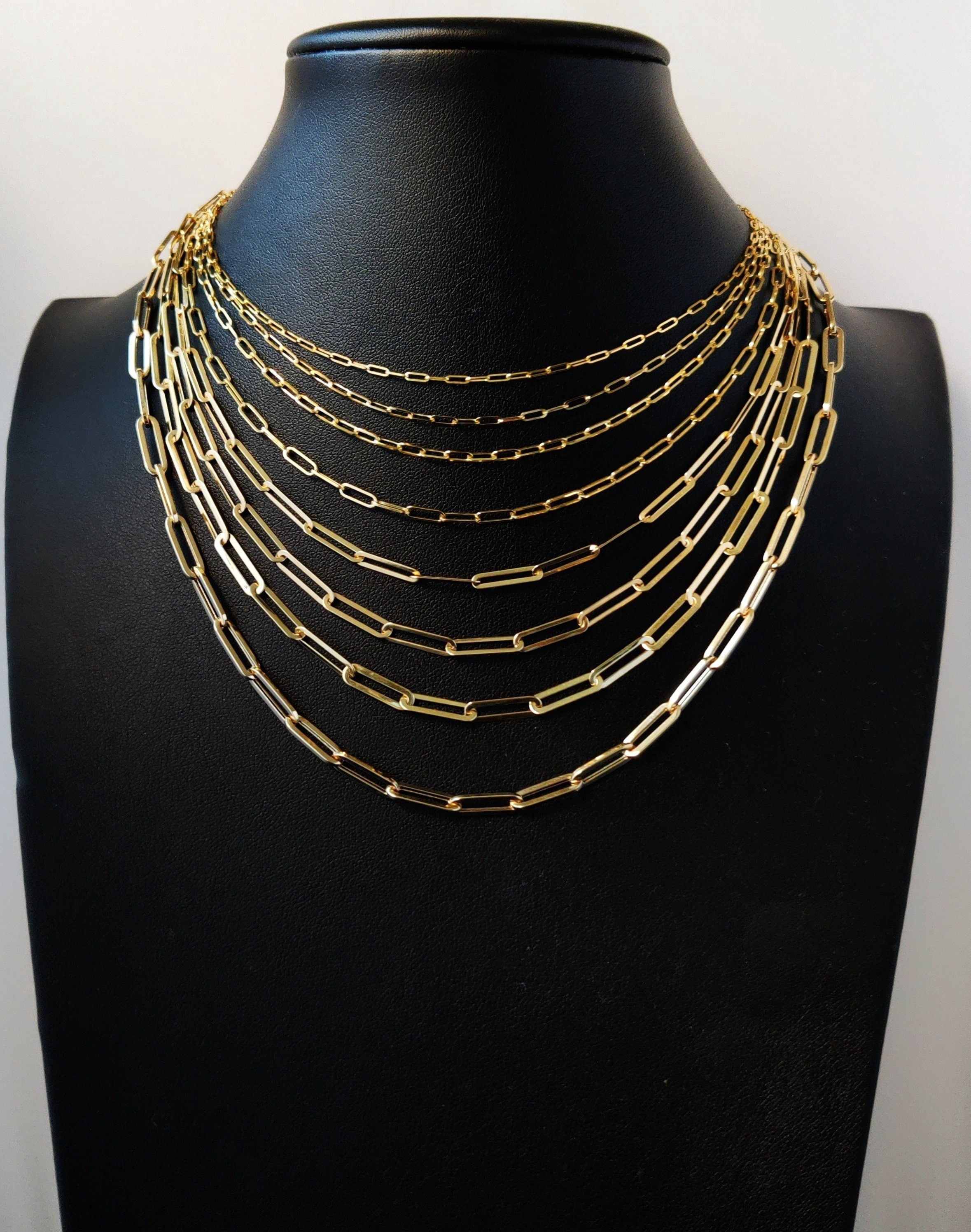 14k SOLID Gold Italian Style Paperclip Chain, 1.5mm - 4.5mm Women Necklace, 14k Italian Style Paperclip,  14k Yellow Gold Paperclips (Width:3.2mm; Necklace length:18;)