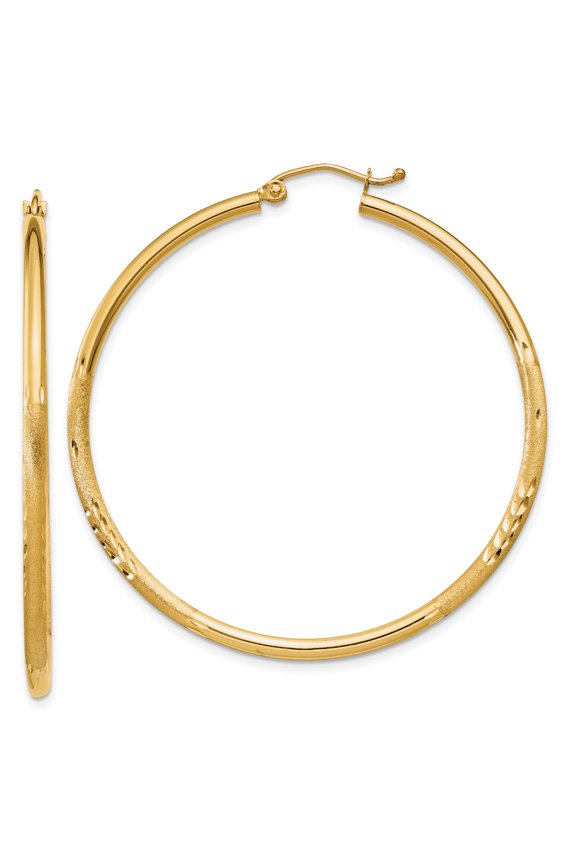 14k Satin & Diamond-cut 2mm Round Tube Hoop Earrings