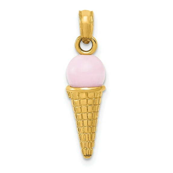 14k Satin Polished Pink Quartz Ice Cream Cone Charm in 14k Yellow Gold