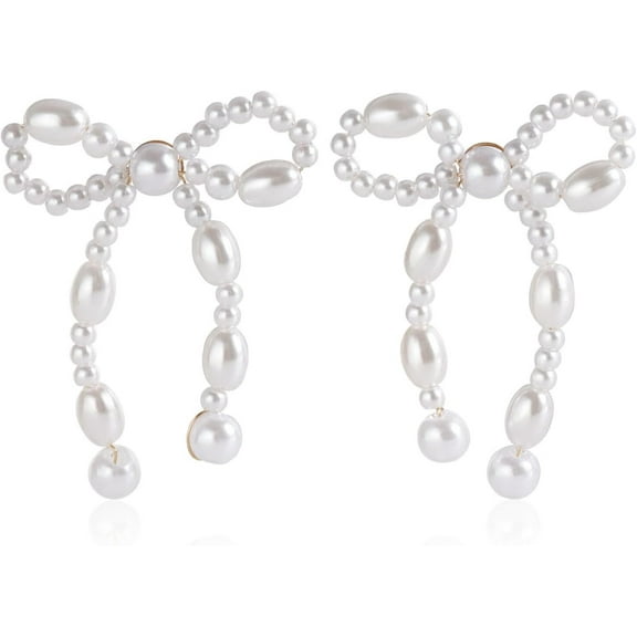 14k Silver Plated Pearl Dangle Tassel Earrings Sterling Silver Post Long Pearl Drop Earrings for Women Gold Bow Earrings Ribbon Drop Earrings Jewelry Gifts