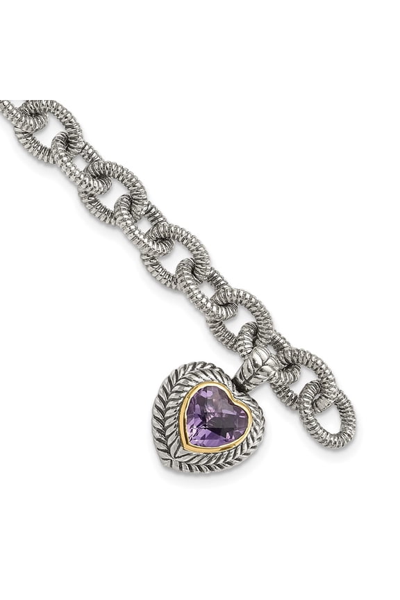 14k/Silver Two-Tone Bracelet Links Fancy Women's Amethyst Heart 14 mm 7.5 in Shey Couture Sterling Silver with 14K Accent Antiqued Link