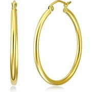 OC JEWELRY 14k. Solid Gold 3mm Tube Classic Polished Hoop Earrings, 34MM.