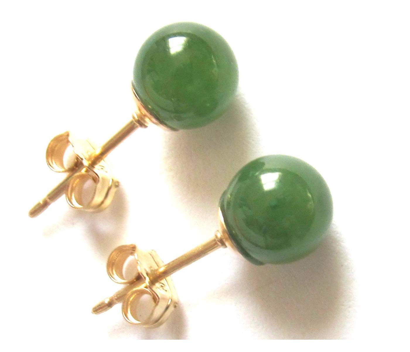 OC JEWELRY 14k Solid Gold 8mm Natural Green Jade Round Stud Earrings.