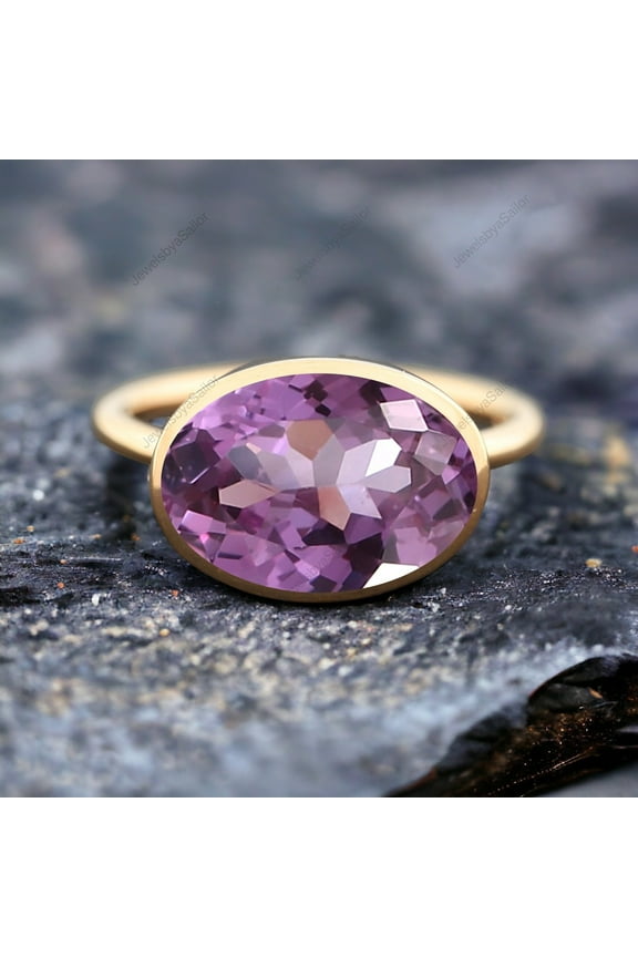 14k Solid Gold Amethyst Ring Elongated Oval Cut Amethyst Jewelry February Birthday Gift Bezel Set Delicate Ring Anniversary Ring For Love