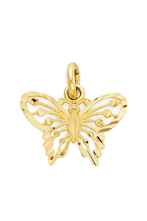 14k Solid Gold Butterfly Charm with Diamond Cut Detail for Bracelet, Dainty Good Luck Jewelry for Her