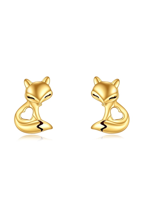 14k Solid Gold Fox Earrings for Women Cute Animal Stud Earring Birthday Christmas Gifts (Fox)