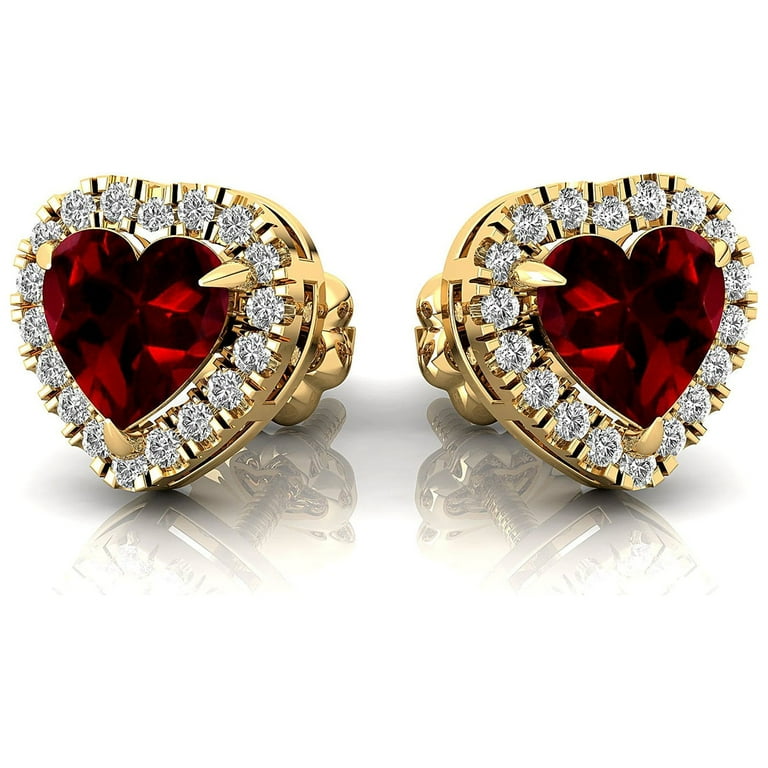 14k White Gold Diamond & Genuine Garnet Heart Stud Earrings