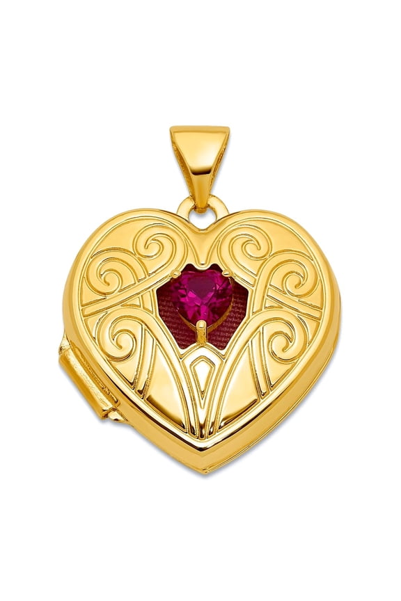 14k Solid Gold Polished Lab Created Ruby July 18mm Love Heart Locket Locket Necklace for Women