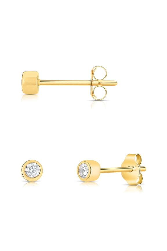 14k Solid Gold Round Tiny Studs With Solitaire Small 2mm Cubic Zirconia Bezel Setting Earrings for Women