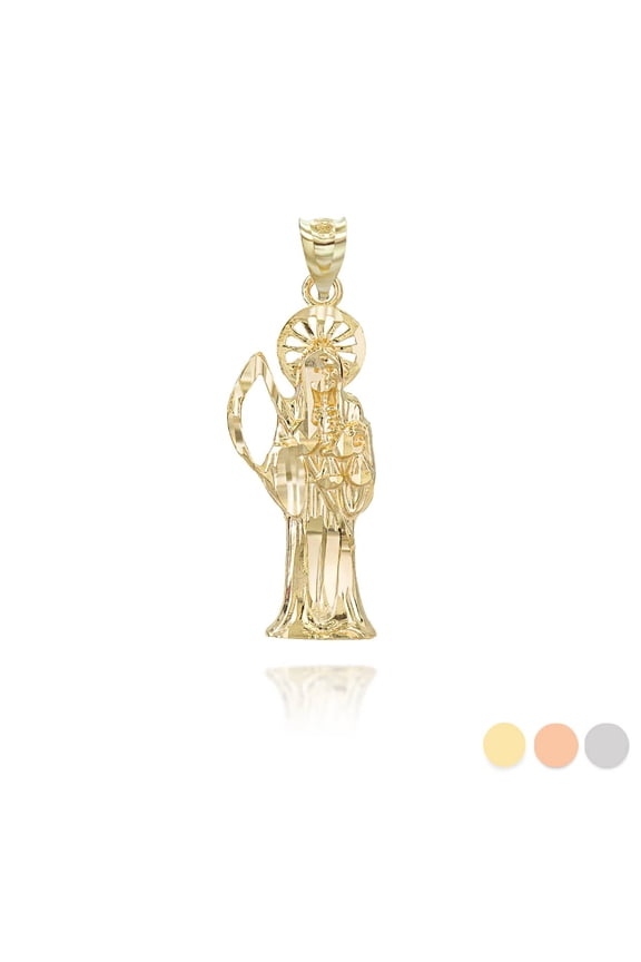 14k Solid Gold Santa Muerte Charm Pendant Necklace