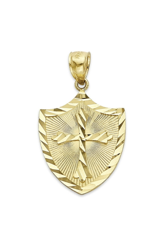 Golden Fire Solid 14k Gold Shield with a Cross Pendant - Catholic Jewelry Gifts for Men
