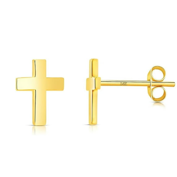 14k Solid Gold Small Polished Tiny Flat Plain Mini Cross Stud Earrings 5mm, Yellow Gold