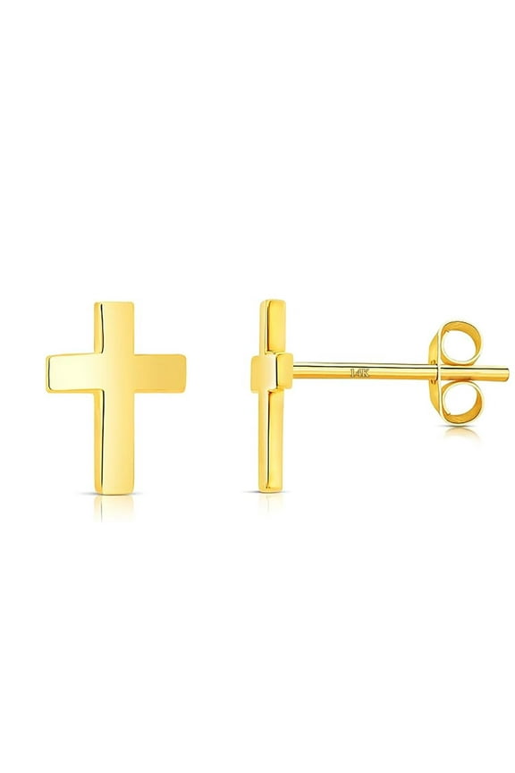 14k Solid Gold Small Polished Tiny Flat Plain Mini Cross Stud Earrings 5mm, Yellow Gold