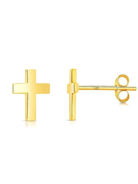 14k Solid Gold Small Polished Tiny Flat Plain Mini Cross Stud Earrings 5mm, Yellow Gold
