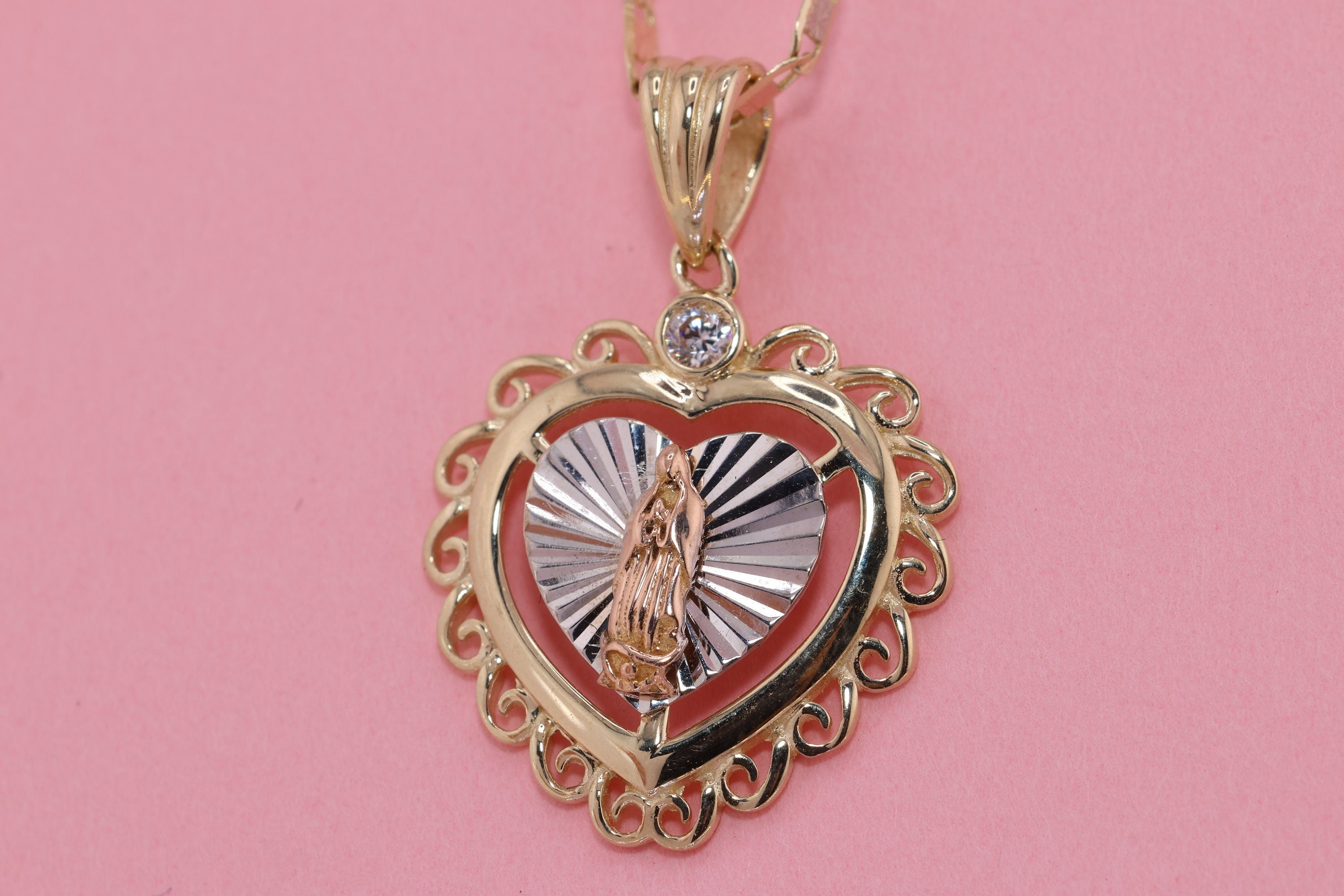 14k Solid Gold Virgin Mary Virgin Maria Lady Guadalupe Heart Pendant ...
