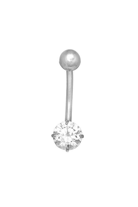 JewelStop 14k Solid Gold White Belly Button Round CZ Navel Ring Body Jewelry, 1.1gr.