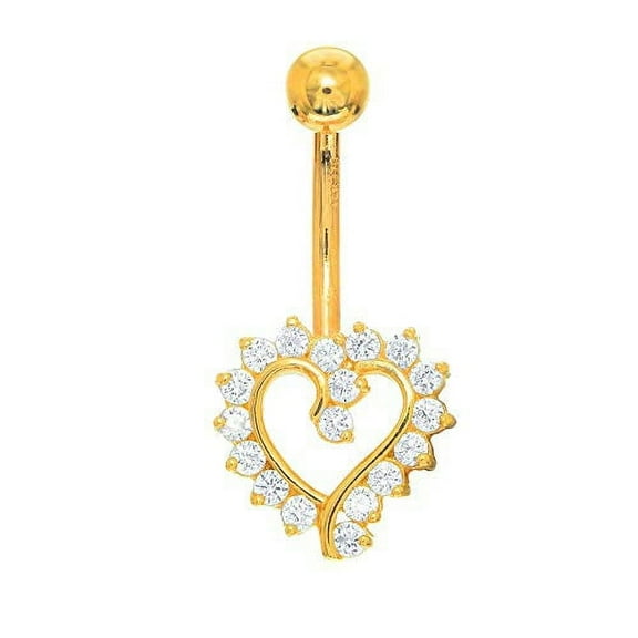 JewelStop 14k Solid Gold Yellow Belly Open Heart CZ Navel Ring Body Jewelry, 1.7gr.