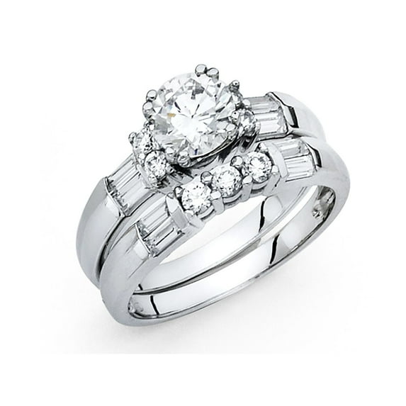 14k Solid Italian White Gold 1.40 ct CZ Baguette Wedding Ring Duo Set