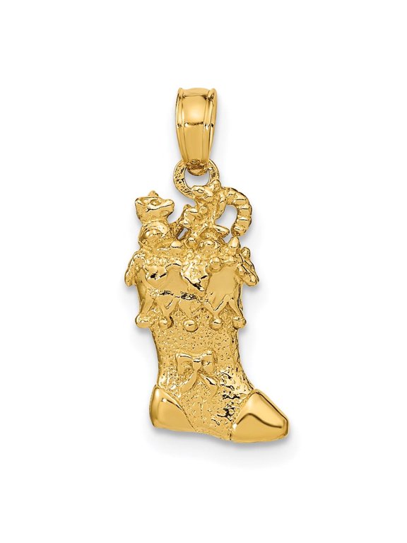 14k Yellow Gold Solid 3-D Christmas Stocking Charm Pendant