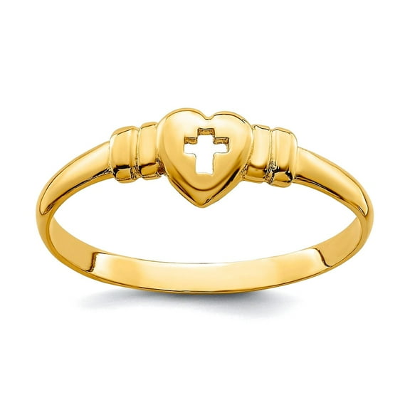 14k Solid Yellow Gold Polished Open face Love Heart With Cut-Out Religious Faith Cross Ring Size 6 Statement Ring for Wo