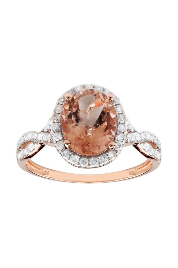 14k Solid Rose Gold Natural Oval Morganite and Halo Diamond Vintage Style Birthstone Gemstone Engagement Ring