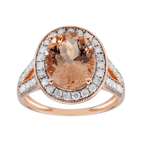 14k Solid Rose Gold Natural Oval Morganite and Halo Diamond Vintage Style Birthstone Gemstone Engagement Ring
