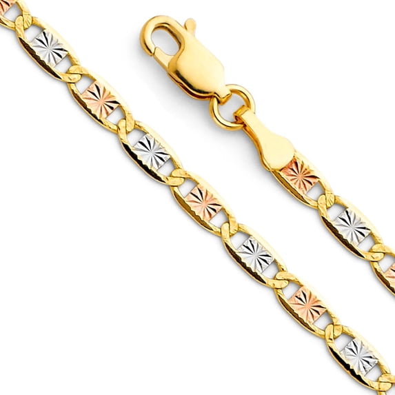 14k Solid Tri Color Italian Gold Valentino Star Diamond Cut Chain Link Bracelet 3.3mm 7.5"