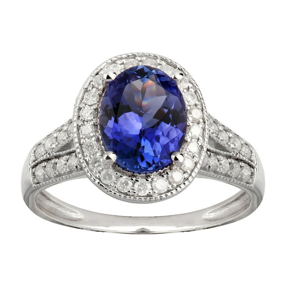 14k Solid White Gold Natural Oval Tanzanite and Halo Diamond Vintage Style Birthstone Gemstone Engagement Ring