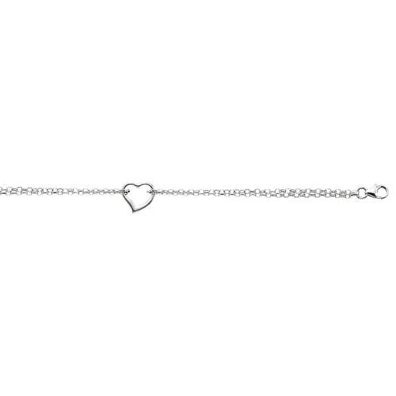 JewelStop 14k Solid White Gold Open Heart Double Cable Rolo Anklet Bracelet, Lobster Claw - 10 Inches, 2.5gr.
