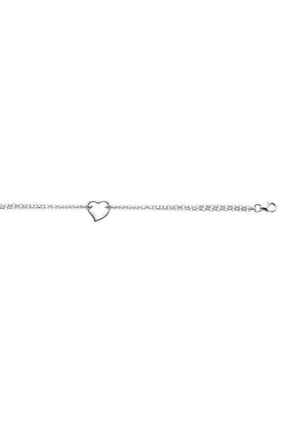 JewelStop 14k Solid White Gold Open Heart Double Cable Rolo Anklet Bracelet, Lobster Claw - 10 Inches, 2.5gr.