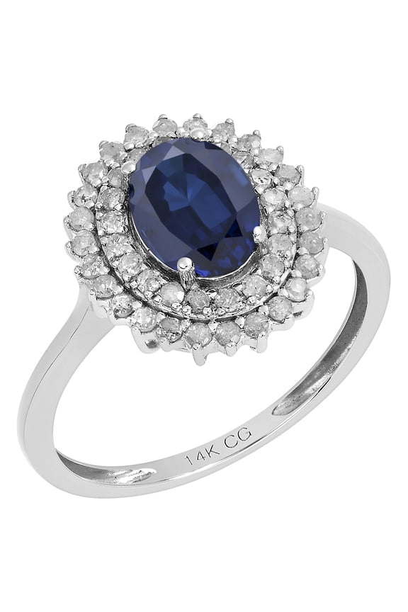 14k Solid White Gold Oval Created Sapphire and Double Halo Natural Diamond Birthstone Engagement Ring