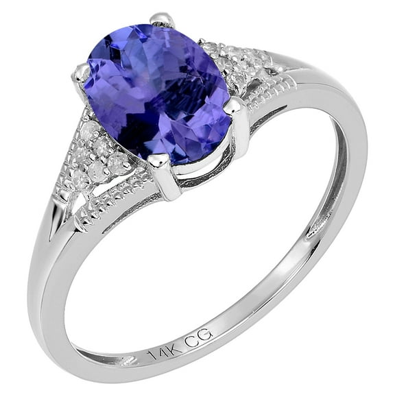 14k Solid White Gold Oval Natural Tanzanite and Natural Diamond Vintage Style Birthstone Engagement Ring