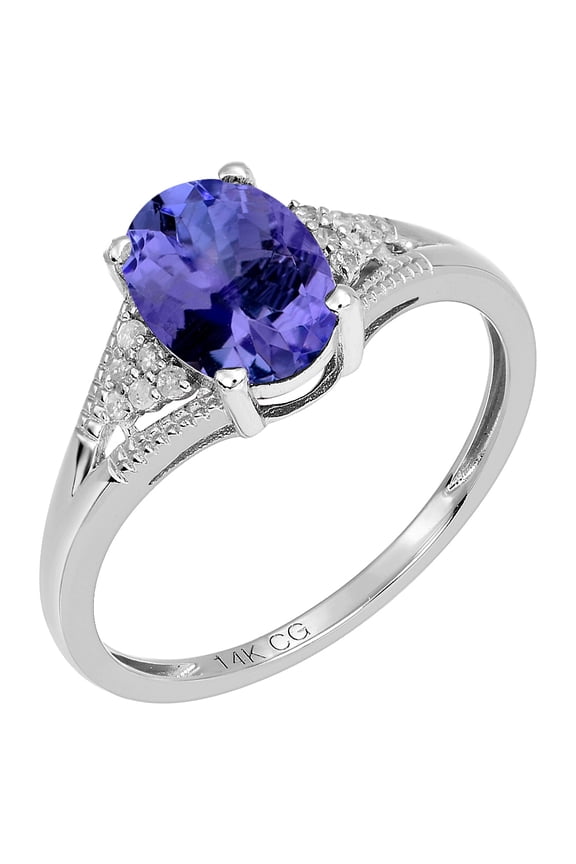 14k Solid White Gold Oval Natural Tanzanite and Natural Diamond Vintage Style Birthstone Engagement Ring