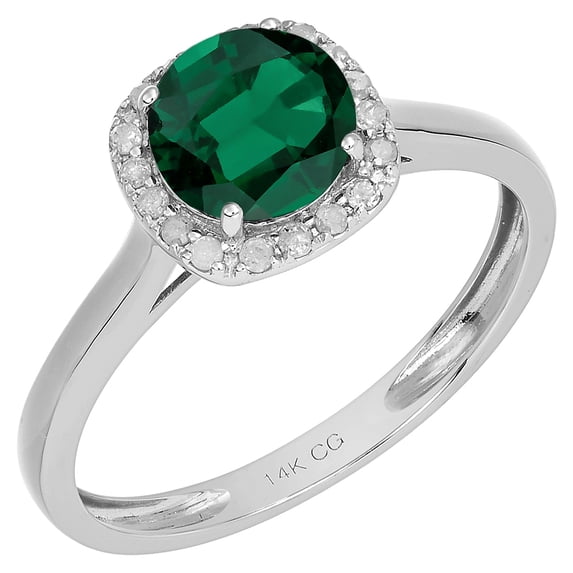 14k Solid White Gold Round Created Emerald and Natural Diamond Halo Birthstone Engagement Ring