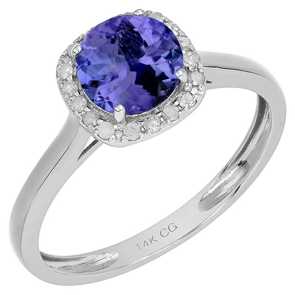 14k Solid White Gold Round Natural Tanzanite and Natural Diamond Halo Birthstone Engagement Ring