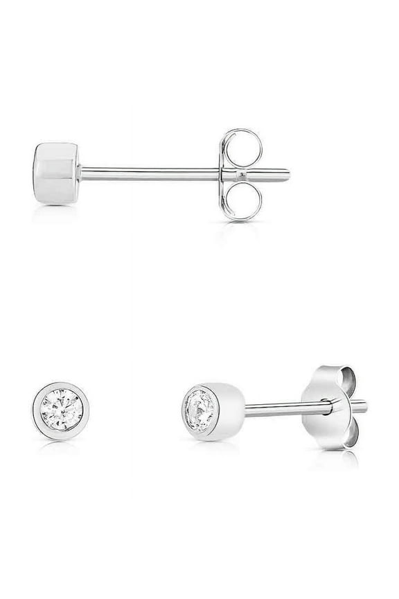14k Solid White Gold Round Tiny Studs With Solitaire Small 2mm Cubic Zirconia Bezel Setting Earrings White Gold
