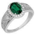 thumbnail image 1 of 14k Solid White Gold Vintage Style Oval Created Emerald and Diamond Halo Birthstone Engagement Ring, 1 of 6