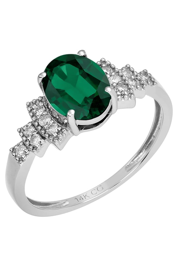 14k Solid White Gold Vintage Style Oval Created Emerald and Natural Diamond Birthstone Engagement Ring
