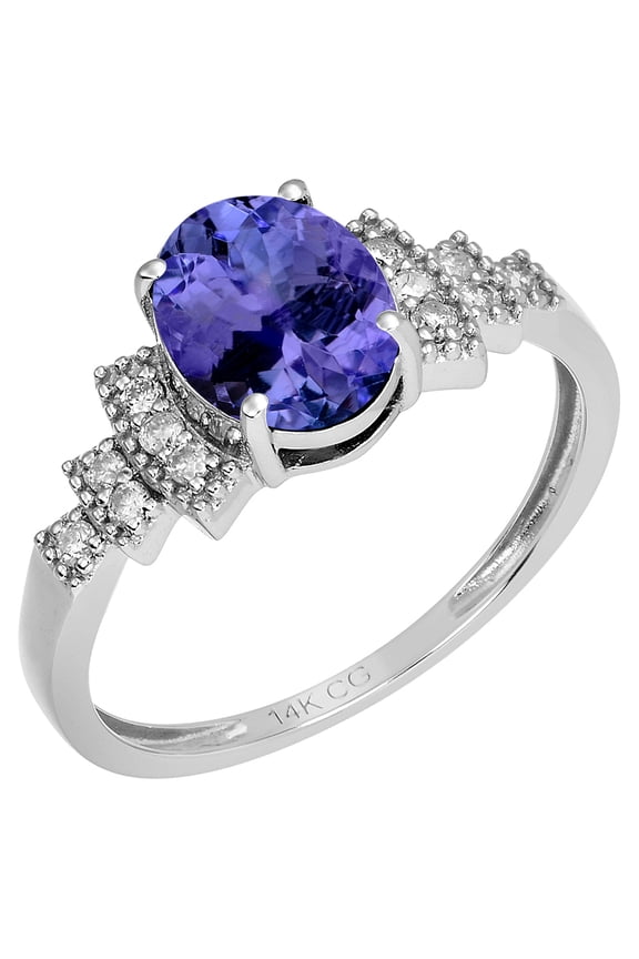 14k Solid White Gold Vintage Style Oval Natural Tanzanite and Diamond Birthstone Engagement Ring