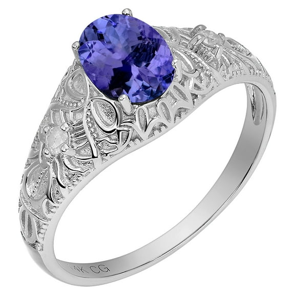 14k Solid White Gold Vintage Style Oval Natural Tanzanite and Natural Diamond Birthstone Engagement Ring
