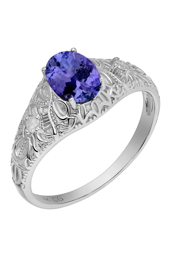 14k Solid White Gold Vintage Style Oval Natural Tanzanite and Natural Diamond Birthstone Engagement Ring