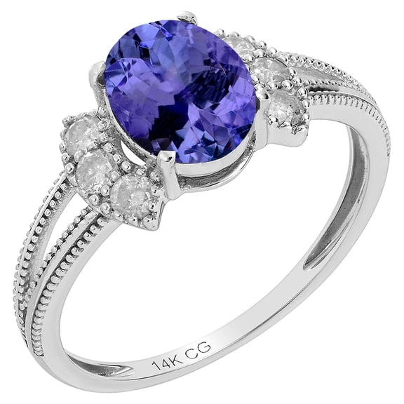 14k Solid White Gold Vintage Style Oval Natural Tanzanite and Split-Shank Diamond Birthstone Engagement Ring