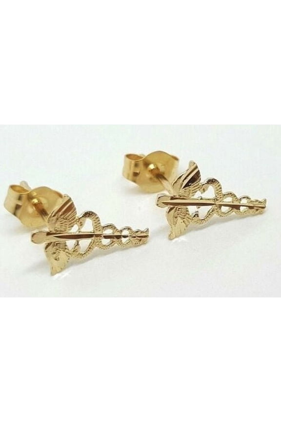 14k Solid Yellow Gold Caduceus Symbol of Medicine Stud Earrings Push Back 11MM