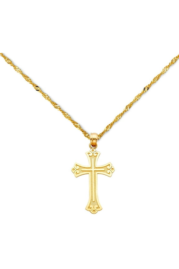 14k Solid Yellow Gold Cross Polished Pendant Charm Singapore Necklace Chain Set (18)