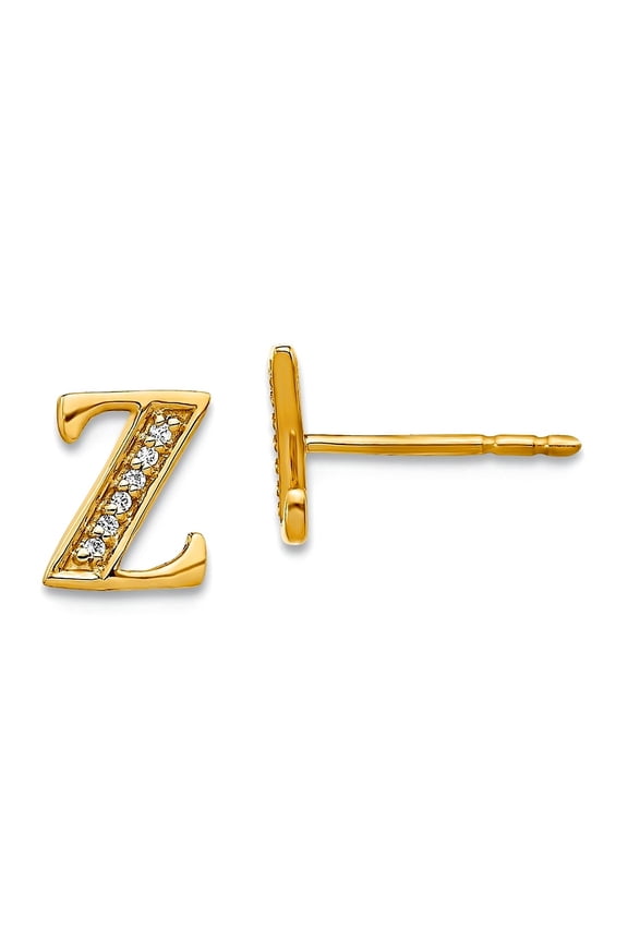 14k Solid Yellow Gold Diamond Letter Name Personalized Monogram Initial Z Earrings 8x7mm Wide Stud Earring for Women