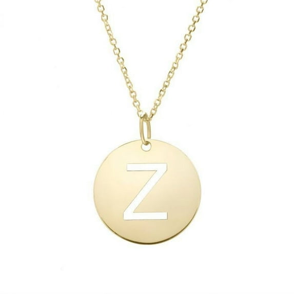 14k Solid Yellow Gold Disc Initial Z Necklace with Lobster Claw Clasp, Letter Z Pendant 15mm , 0.8mm Cable Chain (18")