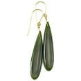 thumbnail image 1 of 14k Solid Yellow Gold Green Nephrite Jade Earrings Smooth Long Teardrops Simple Dangles 2 Inches Designed for Adult Women, 1 of 5