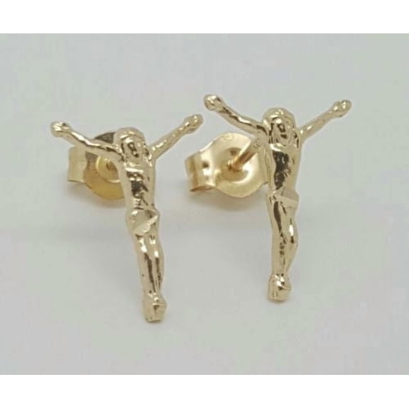 14k Solid Yellow Gold Jesus Christ Cross Stud Earrings Women Push Back